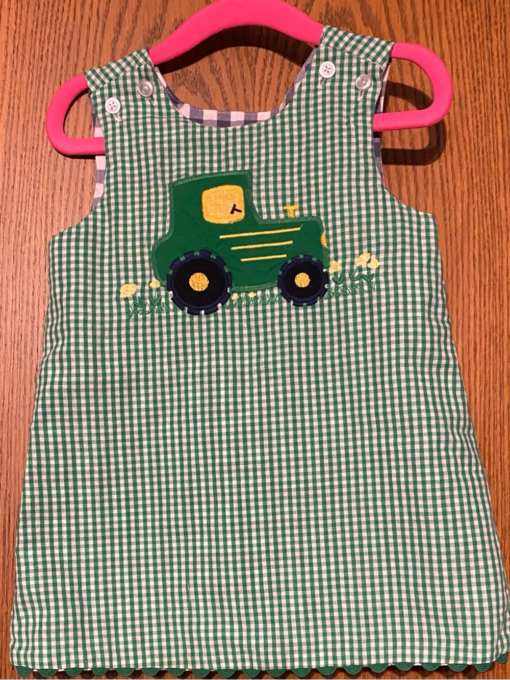 Bailey Boys Green Gingham Jumper with Tractor Applique & Sunflower on Reverse
